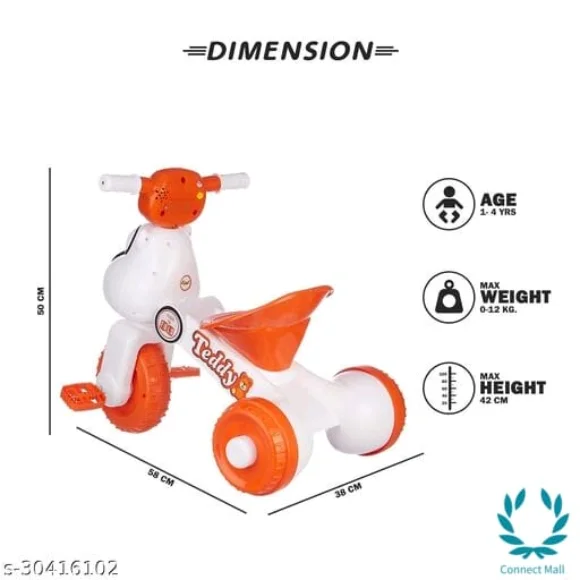 NHR Teddy Foldable Tricycle with Backrest Seat for Boys and Girls With Parental Contralable - Orange, Plastic, Tricycle For Kids, Multipack:1